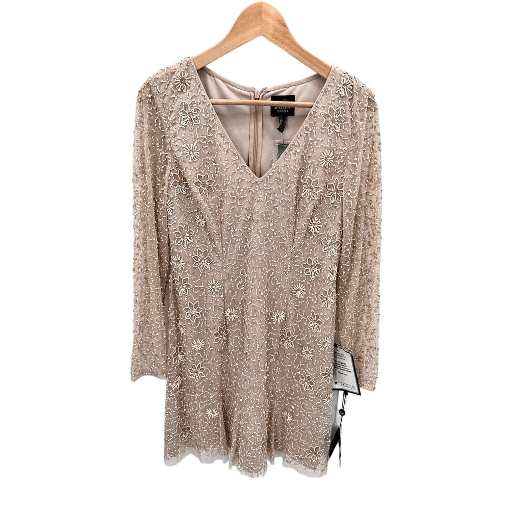 ADRIANNA PAPELL NWT Beaded Cocktail Dress AP1E208670 in Biscotti // 6 - Picture 3 of 14